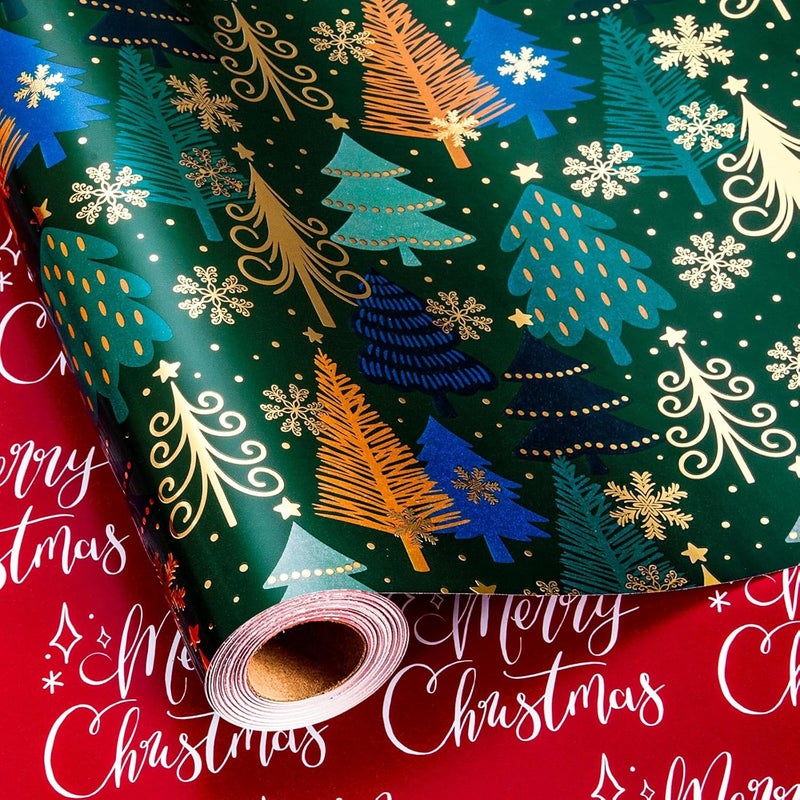 MAYPLUSS Christmas Wrapping Paper Roll - 17 Inch X 33 Feet - Green Gift Wrapping Paper Christmas Tree Snowflake Reversible Red for Holiday Party New Year Kids - Image 1